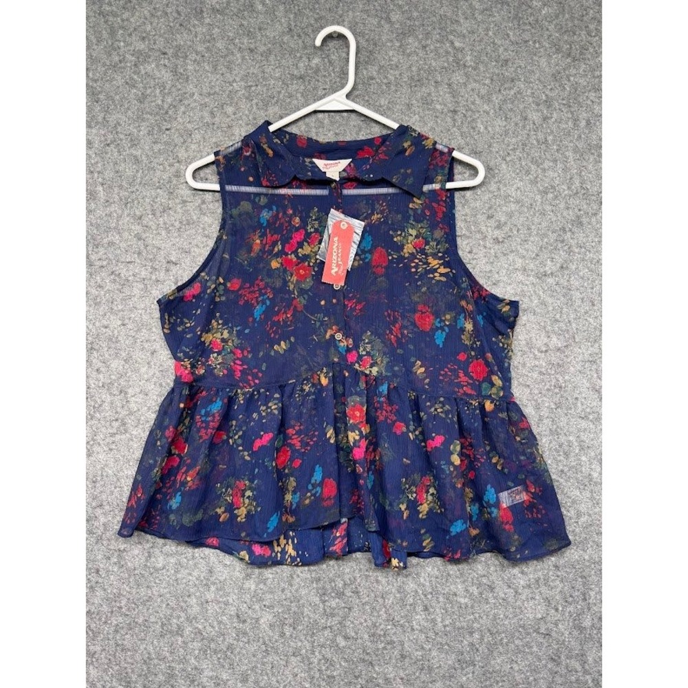 Arizona Jean Co Navy Blue Floral Peplum Sleeveless Button Up Blouse Women XL NEW